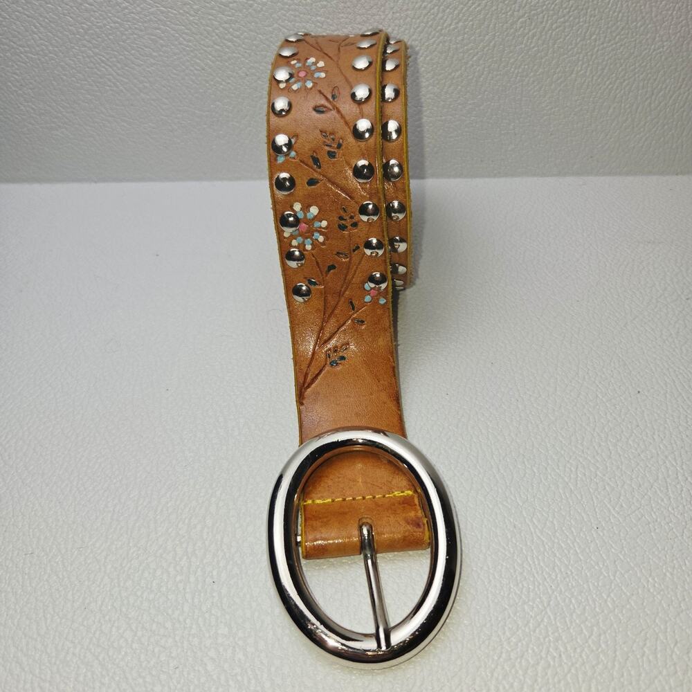 Bebe Belt 32 Brown Leather Studded Floral Embossed Western Boho Festival Y2K
